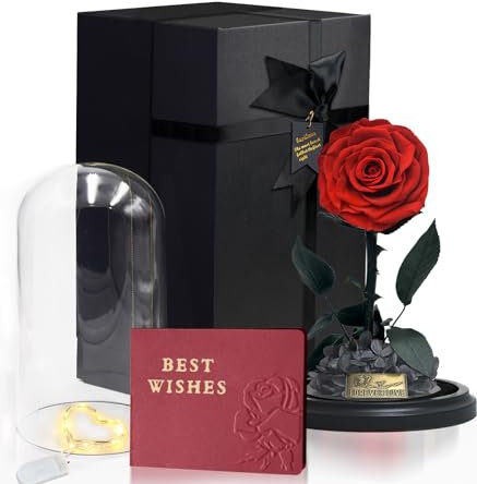 inyeskon Ewige Rosen, Echte Rosen, Infinity Rose, Die Schöne und das Biest Rosen Holzsockel LED-Licht für Valentinstag, Geburtstag, Hochzeit, Muttertag, Jubiläum, Weihnachtstag