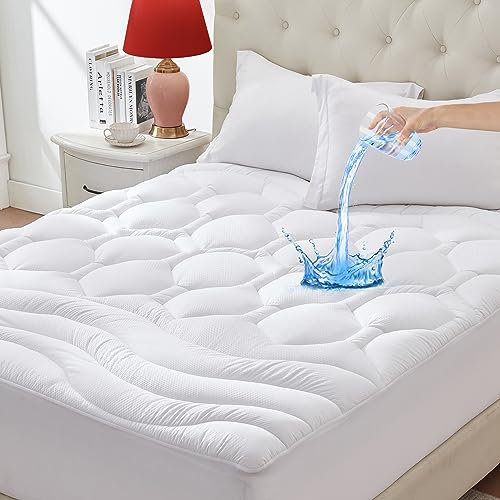 ELVEN HOME Queen Size Mattress Pad Waterproof, Pillow Top Cooling Mattress Topper Cover, Quilted Fitted Mattress Protector Washable, Deep Pocket 8-21 (60x80 inch, White)