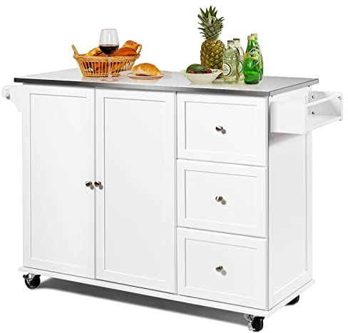 COSTWAY Desserte de Cuisine sur roulettes, Îlot Central Cuisine Plateau en Acier Inoxydable, avec 3 Tiroirs, Armoire à 2 Portes, Etagères Réglables, Porte-Serviettes et Support à Épices, Blanc