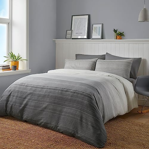 Fusion Contemporary Grey Duvet Cover Set – King Size (230 x 220cm) – Reversible Ombre & Charcoal Stripe Design – Soft Grey Bedding with 2 Pillowcases – Modern Lines Quilt Cover for Bedroom
