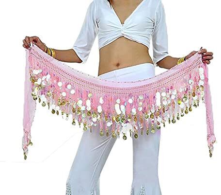 Rubruan Bauchtanz Hüfttuch Taillenkette Gürtel – Professionelles Tanzkostüm Sexy Tanzkleid Rock Outfit Zubehör mit 88 Münzen Pailletten Hüftschal für Damen Mädchen Doppellagig – 160 cm