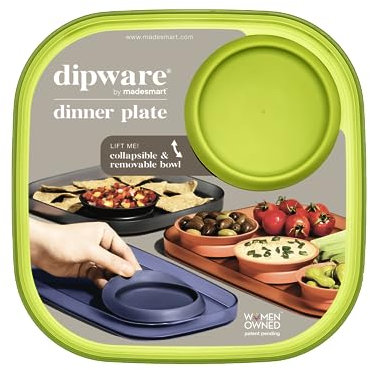 madesmart Dipware Reusable Dining Plate/Serving Tray for Appetizers and Snacks, Food-Safe Appetizer Serving Platter with Removable Dip Bowl, Lime