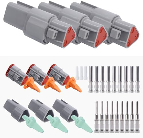 HISports DT Connector Kit 3 Pin Way Sealed Male and Female Auto Waterproof Electrical Wire Connector Plug DT Electrical Wire Connector Plug for Motorcycle, Truck, Car, Boats, Scooter (3 Set)