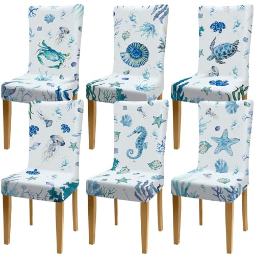 SmoothNovelty 6 Pcs Ocean Chair Covers Marine Organism Stretch Chair Cover Sets Coastal Chair Covers Washable Removable Chair Slipcover for Dining Room Restaurant Banquet Home Decor, 6 Styles