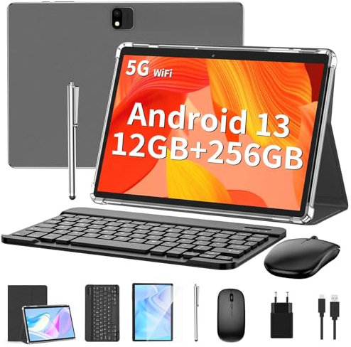 QDDQ Tablet 10 Zoll, 2-in-1 Tablets mit Tastatur, Android 14 Tablet, 256GB ROM+1TB TF, 8000mAh mit Hülle, 2.4GHZ+5G WiFi，Octa-core, 1080P FHD Video, 8MP Kamera,Bluetooth/Typ-c/GMS (Schwarz)