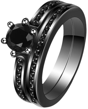 JewelryWe Ring Damen Edelstahl Solitärring: 2in1 Damen-Ring Schwarz Stapelringe mit Rundem Zirkonia Frauen Verlobungsring Ehering Versprechensring Bandring Hochzeit Band mit Gravur Größe 59