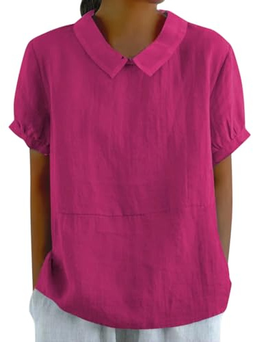 Onsoyours Camicia Donna Estiva Camicetta da Donna Manica Corta in Lino Cotone Elegante Blusa Maglietta Scollo a V Top Moda Casual T Shirt Tinta Unita Tees