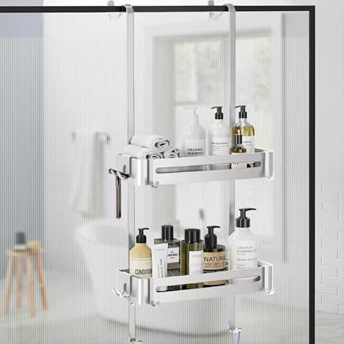 AIGOCITY Estante de ducha para colgar sin taladrar para puertas de ducha de cristal, plata, con 6 ganchos para puerta de cristal sin marco, acero inoxidable