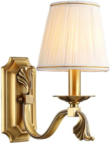 QJDLDZTN Lampada da parete europea E14 in ottone per interni, in rame, 1 luce, con paralumi in tessuto di lino a imbuto, doppio, per camera da letto, soggiorno, bagno, corridoio