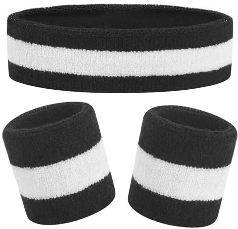 Kids Sweatbands Headband Wristband Set - Athletic Cotton Sweat Band for Sports - Ultimate Sweat-Absorbing 3-piece Set (1 Headband + 2 Wristbands) (Black+White)