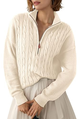Dokotoo White Womens Early Fall Sweaters for Women Trendy 2025 Outfits Winter Clothes Cable Knit Dressy Casual Women's Sweater Fashion Old Money Cute Quarter Zip Sweater Pullover Oversized Tops