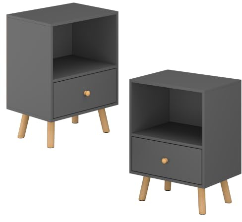 [en.casa] Beistelltisch 2er Set Sundsvall 40 x 30 x 54 cm Dunkelgrau | Wohnzimmertisch, Nachttisch mit Schublade, Sofatisch, Nebentisch, Kaffeetisch mit Ablagefach