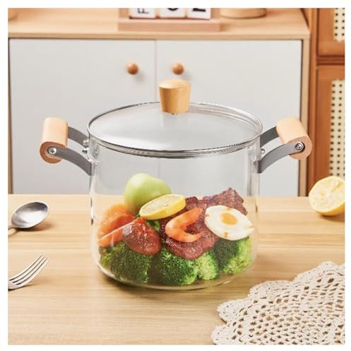 Glass Cooking Pot,Clear Pots for Cooking Wooden Double Handles, Heat Resistant Simmer Pot Glass for Kitchen & Dining(4.5L)