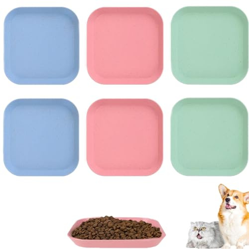 6 Colorful Cute Cat Feeding Bowls, Shallow Food Dish, Square Plates, Wheat Straw Dishes for Kittens and Short Legged Cats