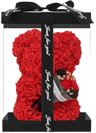 24x16 Cm Rosenblumenbär, Künstliche Rosenbären Mit Transparenter Box, Valentinstag RosenbärGeschenk Für Sie RosenbärNiedlicher Teddybär, Romantischer Rosen-Bär Für Freundin, Freunde, Ehefrau - Rot