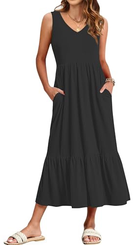 WNEEDU Women’s Summer Maxi Dresses V Neck Sundress Sleeveless Long Dress with Pockets