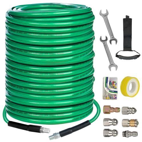 Hourleey Kit di getto fognario per idropulitrice 60 m, 4000 PSI tubo di scarico da 1/4 di pollice NPT, angolo rotante e pulsante tubo fognario ugello getto perla corpetto pin nastro maniglia chiave