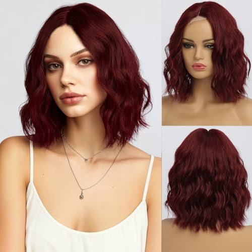 Simkaylee Perücke Damen Bob Kurz Rot Locken Rote Kurzhaar Perücke Lockig Lace Front Perrücke Weinrot Perücken Frauen Dunkelrot Burgund Perücke Fasching für Täglichen Gebrauch Karneval Cosplay (36 cm)