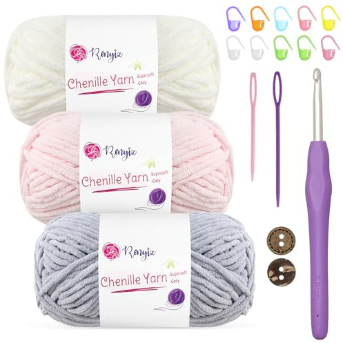 Renyiz Chunky Chenille Yarn for Crochet Fluffy Baby Blanket Yarn 3x50g Soft Fluffy Wool with 5mm Crochet Hook Amigurumi Crochet Yarn for Beginners (White-3)