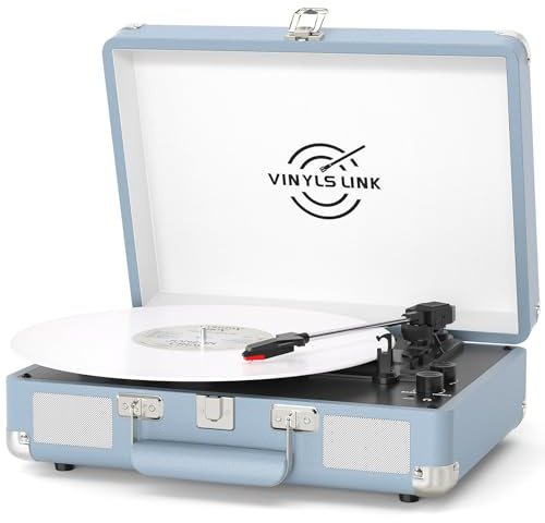 VINYLS LINK Vinyl Record Player Bluetooth, 3-Speed Turntable Vinyl Player with Built-in Stereo Speakers, Portable Suitcase Record Players with Bass/Treble Control, AUX/RCA/Headphone Jack, Blue