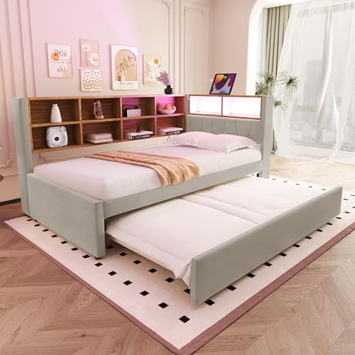 Polsterbett Einzelbett 90x200, Tagesbett Schlafsofa mit Ausziehbett&LED Licht&USB-Anschluss&vielen Ablagefächern, Bettgestell Gästebett Jugendbett mit Lattenrost, Flanell, Ohne Matratze, Hellgrau