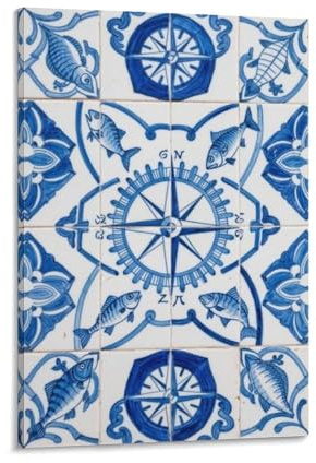 Cuadro al óleo 3D con patrón de estilo portugués sobre lienzo, arte vintage para pared, decoración del hogar, obra de arte para decoración de pared para sala de estar, dormitorio, 40 x 60 cm