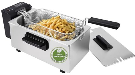 EMERIO Friteuse à huile de 3,0 l avec technologie de zones froides, plus de goût amer, friteuse à zone froide de 2000 W, réservoir en acier inoxydable, sans PFA, nettoyage facile, thermostat