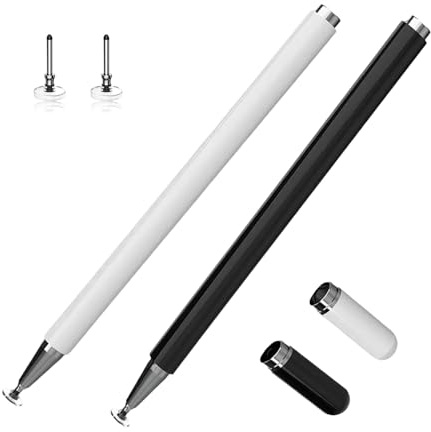 leruiyezs 2 Pack Stylet Tablette 2 en 1 pour Tablettes et Smartphones Stylet Capacitif Précis avec 2 Pcs Embout,Noir et Blanc Stylo Tactile Silencieux pour iPad iPhone Samsung Lenovo Huawei Xiaomi