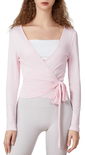 WWAYBEI Y2k Ballet Pilates Wrap Top Women Long Sleeve Tie Front Workout Yoga Dance Wrap Going Out Crop Tops Coquette Clothes (Pink, M)