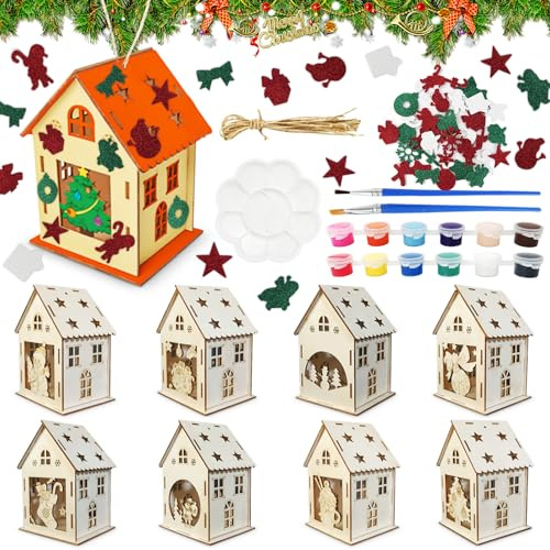 CPKONUUIP Weihnachtshaus Basteln Kinder, Weihnachten Bastelset Holz, Weihnachten Deko Bastelset, Haus Kreativsets weihnachten Deko, DIY Holzbastelset zum Bemalen, Kinder Weihnachtsdeko Partygeschenke