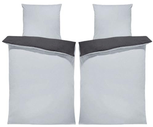 one-home Winter Bettwäsche Doubleface Uni Wende kuschelig flauschig warm weich Fleece, Größe:4 teilig 135x200 cm, Farbe:grau/anthrazit
