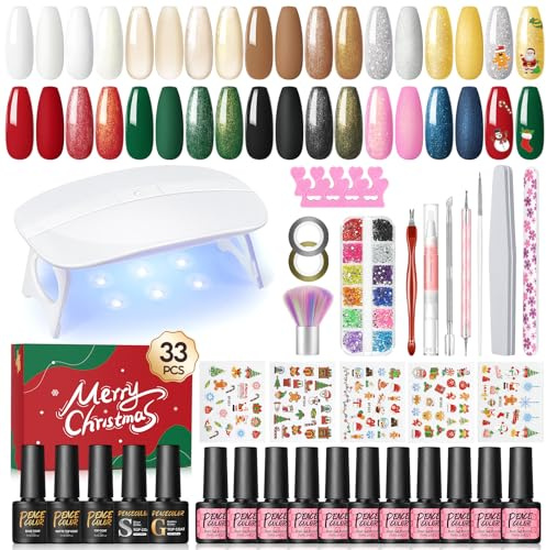 PEACECOLOR 33Pcs Kit Vernis Semi Permanent avec Lampe UV,10 Couleus Kit Ongle Gel UV Complet avec 5pcs Base Top Coat Brillant Mat et Glitter,Vernis à Ongles Kit de Manucure Cadeau de Noël