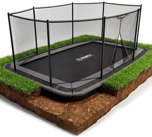 North Trampoline Bodentrampolin Outdoor Rechteck 300 mit Sicherheitsnetz – 300 x 190cm Gartentrampolin – Anpassbare Hohe Sprungkraft – TDU Belüftete Polster – Verzinkter Rahmen – Für Kinder & Familie