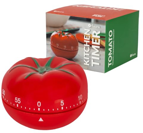 Fisura – Kökstimer i form av tomat. Analog timer för nedräkning i 60 minuter, perfekt för matlagning med barn eller som hjälpmedel för Pomodoro-metoden