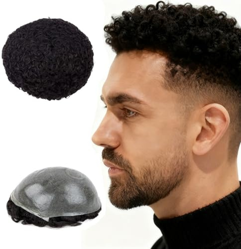 N.L.W 0,04 mm dünnes PU-Echthaar-Toupet für Männer 5 mm Afro-Locken Herren-Haarteil Ersatzhaar Toupet Größe 10 * 8#1B Natural Black