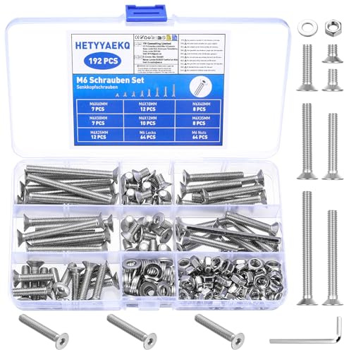 192 Stück M6 Schrauben Set, Edelstahl Senkkopfschrauben Muttern Sets, Sechskantschrauben und Muttern Sets, Metrisch Innensechskantschrauben Set und Unterlegscheiben, Maschinenschrauben Sortiment