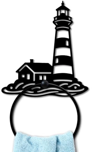 MAYJOYDIY Coastal Lighthouse Metal Towel Ring Wave Ocean Hand Towel Holder | Black Round Towels Hanger, Wall Mounted Towel Rack, Small House Design, for Kitchen Bath Home Laundry Toilet Decors Gift