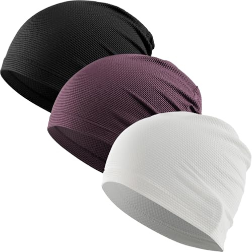 WTACTFUL Cooling Skull Cap for Men Women Breathable Running Caps Sweat Hat Skull Caps Thin Slouchy Beanie for Dreadlock Cycling Motorcycle Riding Hiking Sport 3Pack Black Purple White