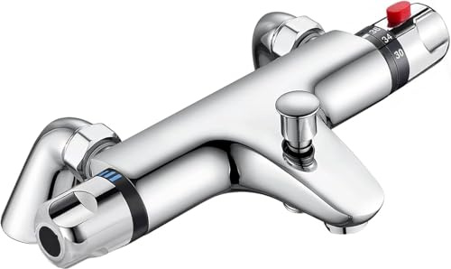 Thermostatic Bath Shower Mixer Tap, Chrome Thermostatic Bath Mixer Valve with Anti-Scald Safety Stop, Solid Brass Bathroom Bath Filler Tap, Wall Mounted Constant Temperature Mixer Faucet (G-3/4)