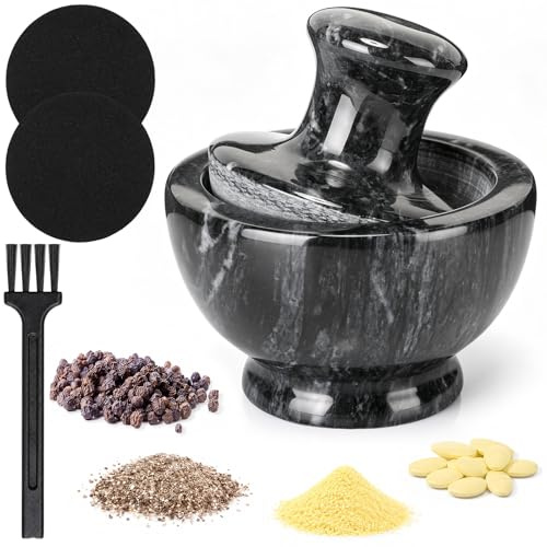 Hushee Marble Mortar and Pestle Set 3.74 Inch 1/2 Cup Stone Grinder with Mushroom Pestle Brush and Non Slip Pads Small Spice Grinder Pill Crusher for Herbs Garlic Spices Kitchen Tool