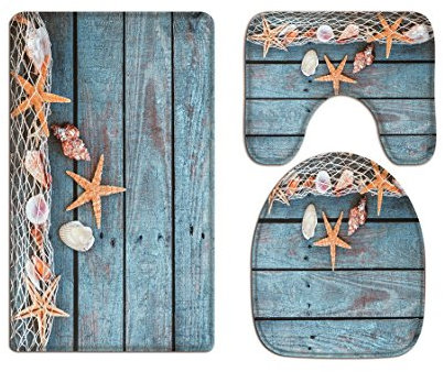 A.Monamour Badezimmer Badematte 3 Teilig Set Blau Holzboden Fischernetz Muschelschalen Seesterne Nautischen Toilettendeckel Teppich Flanell Saugfähig Badteppiche Badvorleger Badgarnitur WC Vorleger
