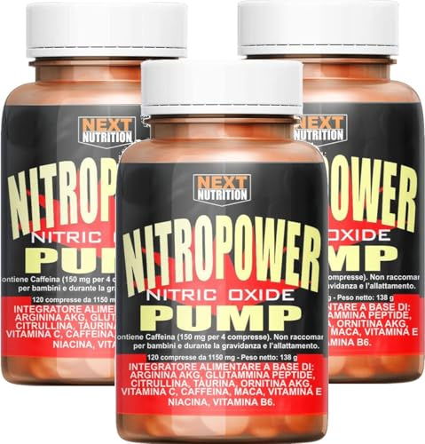 PRE WORKOUT Stimolante Ossido Nitrico Nitro Power Pump Aumento Massa Muscolare Performance Recupero Muscolare Arginina Citrullina Taurina Ornitina Caffeina Maca (Nitro Power 3 Box da 120 Compresse)