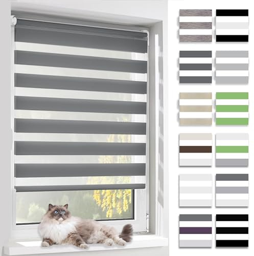 BelleMax Doppelrollo Klemmfix ohne Bohren & mit Bohren, 60x130cm(BxH), Dunkelgrau, Duo Rollo, Sonnenschutz lichtdurchlässig Blickdicht, Klemmrollo Fensterrollo, Rollos für Fenster und Tür