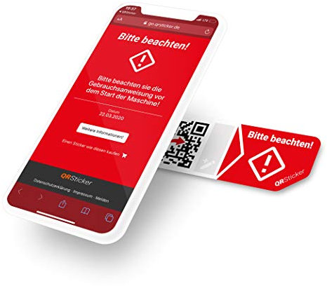 QR Code Aufkleber „Bitte beachten!“ Für Maschinen, Bedienungsanleitungen, Hinweise, Warnungen abrufbar per QR-Code, mit Smartphone App, geeignet für Industrie und Handwerk (L, 1 Sticker)