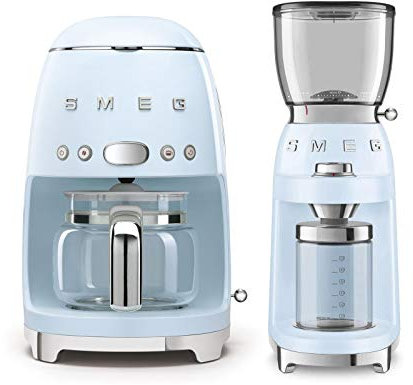 Smeg DCF02PBUS 50's Retro Style Drip Filter Coffee Maker Bundle CGF01PBUS Coffee Grinder - Pastel Blue