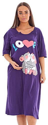 Malay Ladies Maternity Nursing Nightdress 100% Cotton Motif Print Breast Buttons Labor Purple