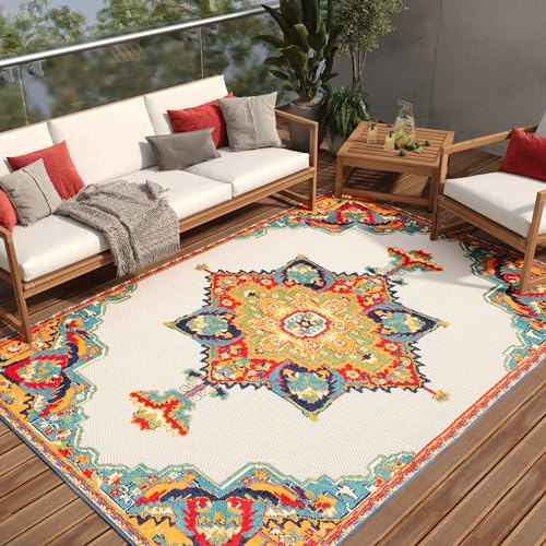 TAPISO Patio Teppich Outdoor Indoor Mehrfarbig Creme Ornament 80 x 150 cm | strapazierfähiger Teppich UV-beständig Flachgewebe Sisaloptik Robust Wetterfest Terrasse Wintergarten Balkon OEKO-TEX