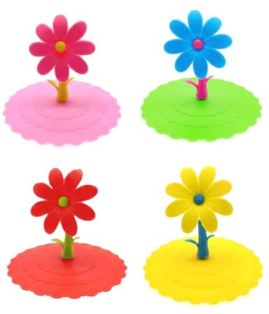 JZK 4 Pcs Flower silicone mug cover 10cm, pink red yellow blue Silicone Glass Cup Lid, novelty Coffee Cup Covers, cute Coffee mug lid, tea cup lid, fun lid for glass Cup