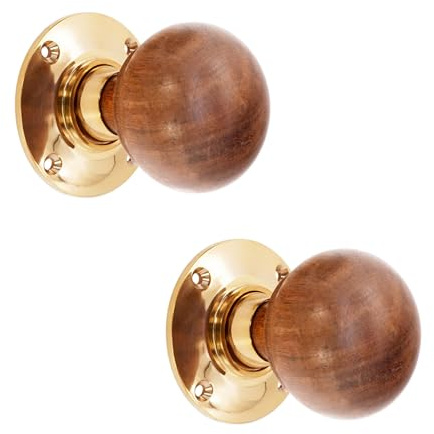 Infinity Decor Pure Ebony Wood & Rosewood Door Knobs/Wooden Victorian Mortice Rim Door Knobs/Solid Brass Rose Plate Polished Brass Finish (4 Designs) (Rosewood Bun)