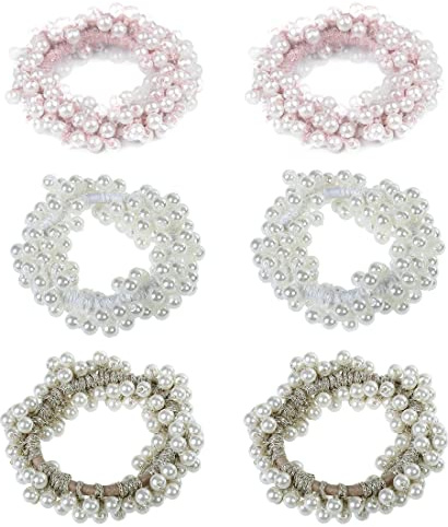 LEEQBCR 6 Stück Perlen Haargummi Armband Perlen Elastisches Haarseil Pearl Hair Scrunchie für Mädchen Dame Kinder - Weiß Rosa Champagner